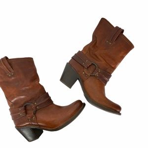 Frye Brown Leather Harness Moto Boots